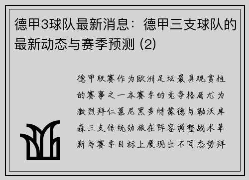 德甲3球队最新消息：德甲三支球队的最新动态与赛季预测 (2)