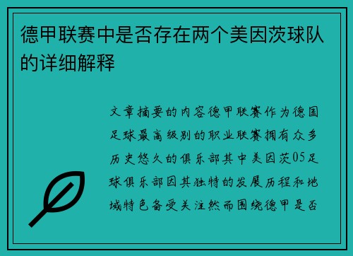 德甲联赛中是否存在两个美因茨球队的详细解释